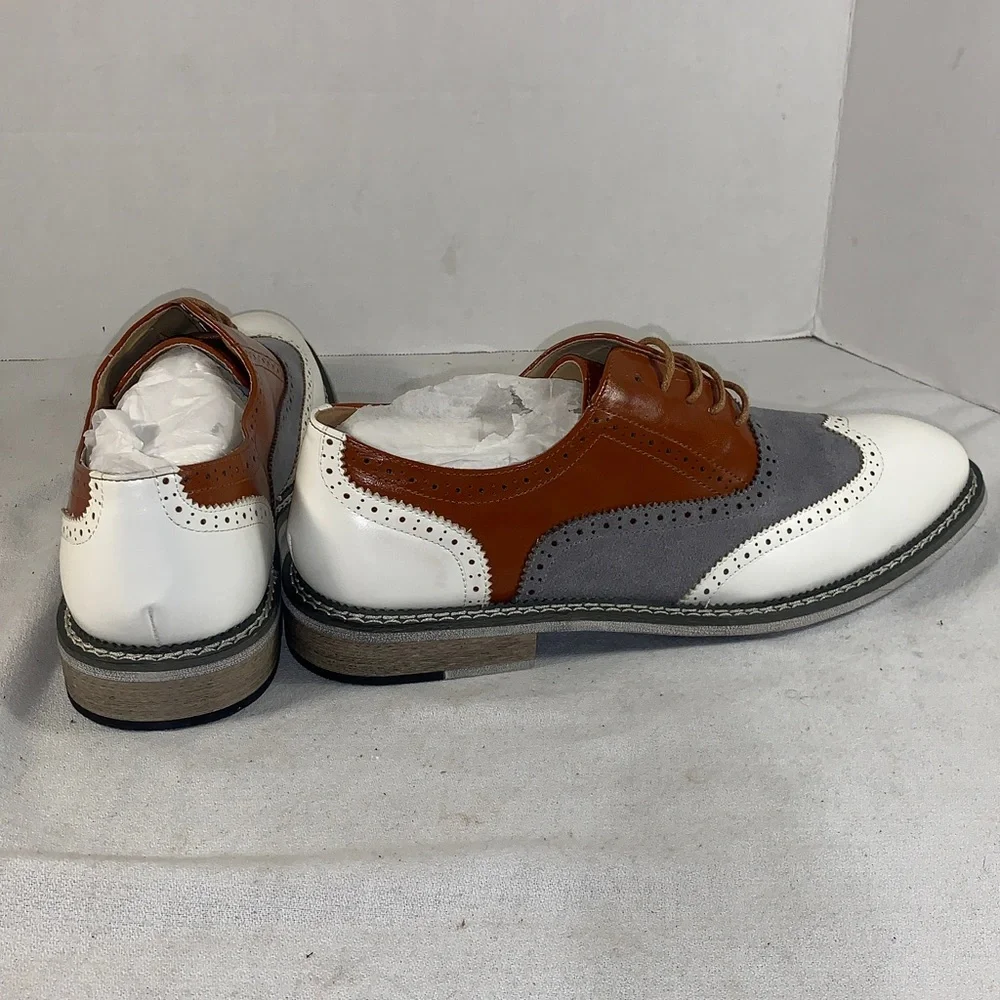 Weishimibang Mens Tri-Color Wingtip Oxford — White/Gray/Brown